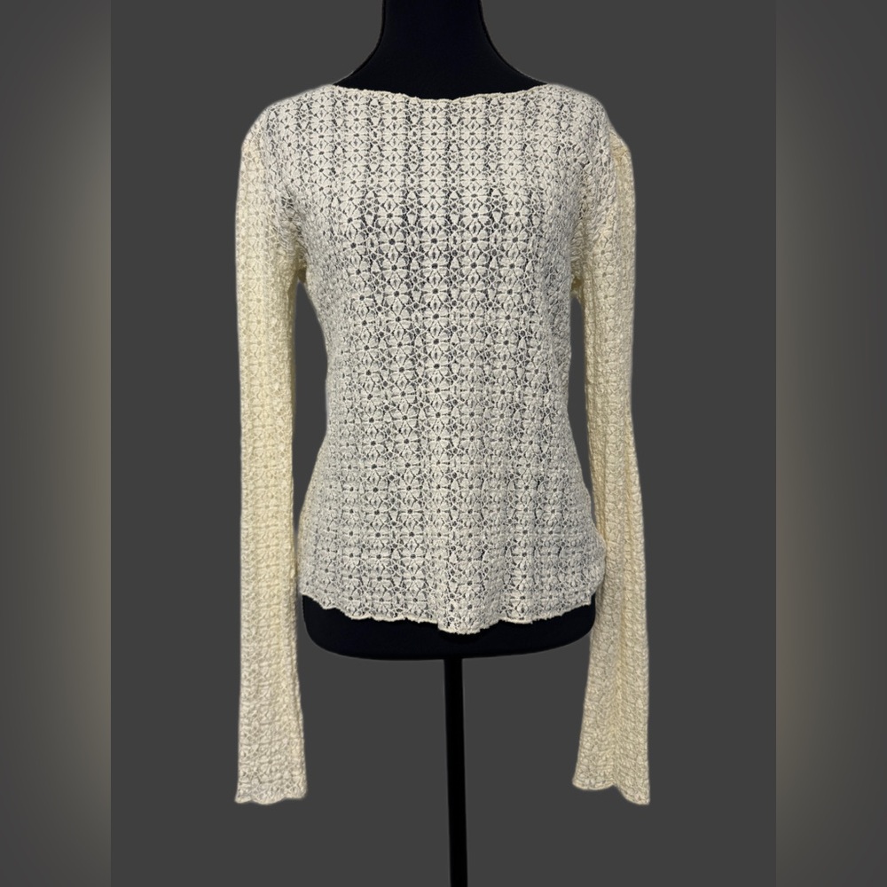 Natural Life Cream Lace Long Sleeve Top Boho Sheer Stretch Floral Size M